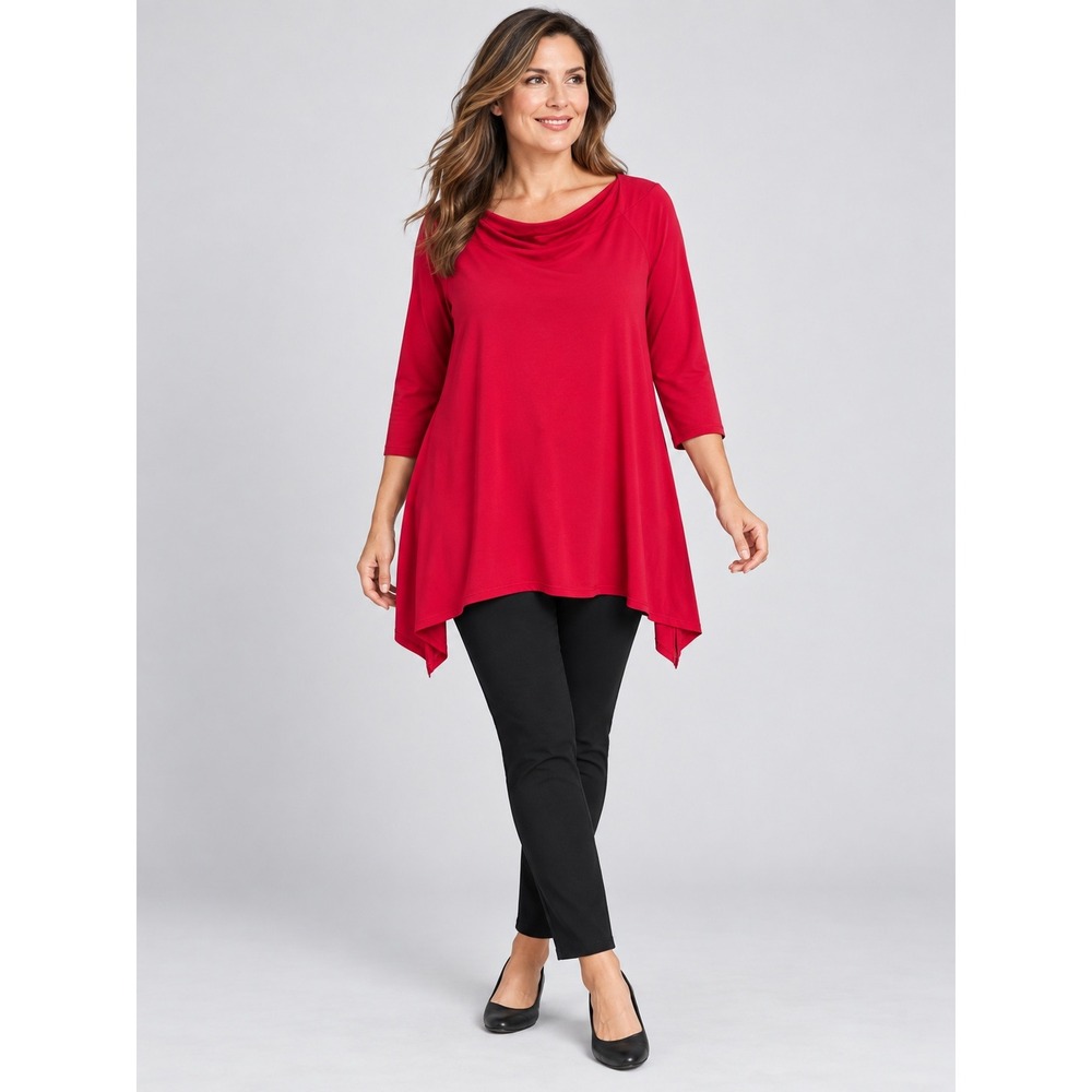 Chicos Women Tunic Top Red Cowl Neck Sharkbite Hem Size 2 L 3/4 Sleeve
